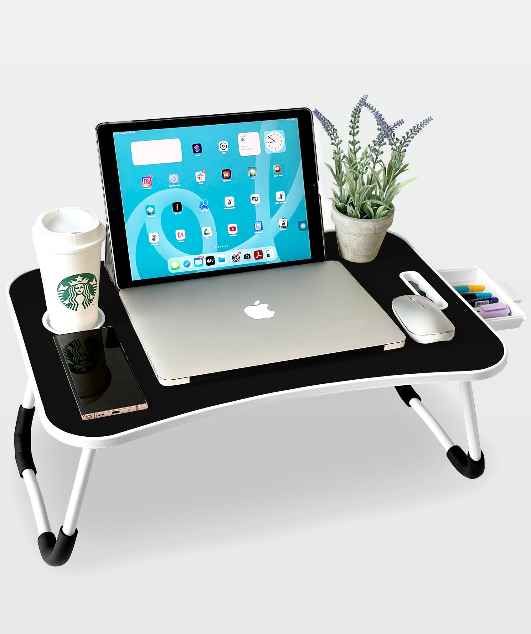 Bandeja plegable multiusos con cajón ergonómico, ideal para portátil y tablet