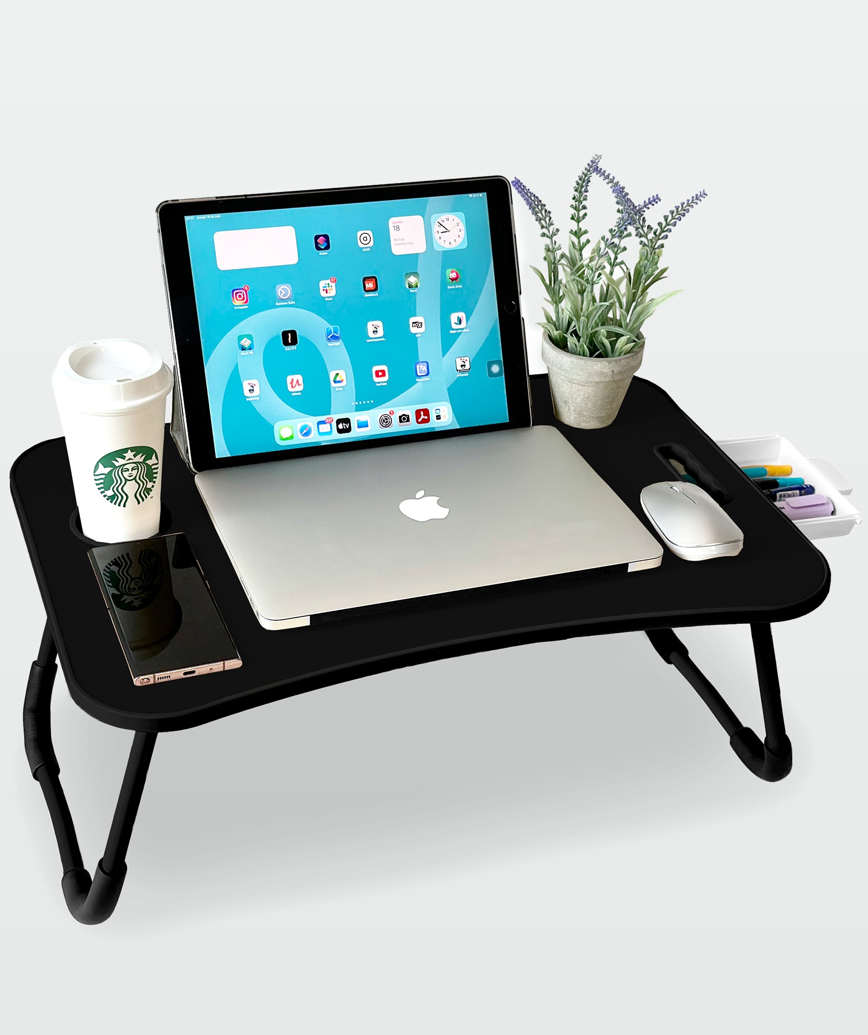 Bandeja plegable multiusos con cajón ergonómico, ideal para portátil y tablet
