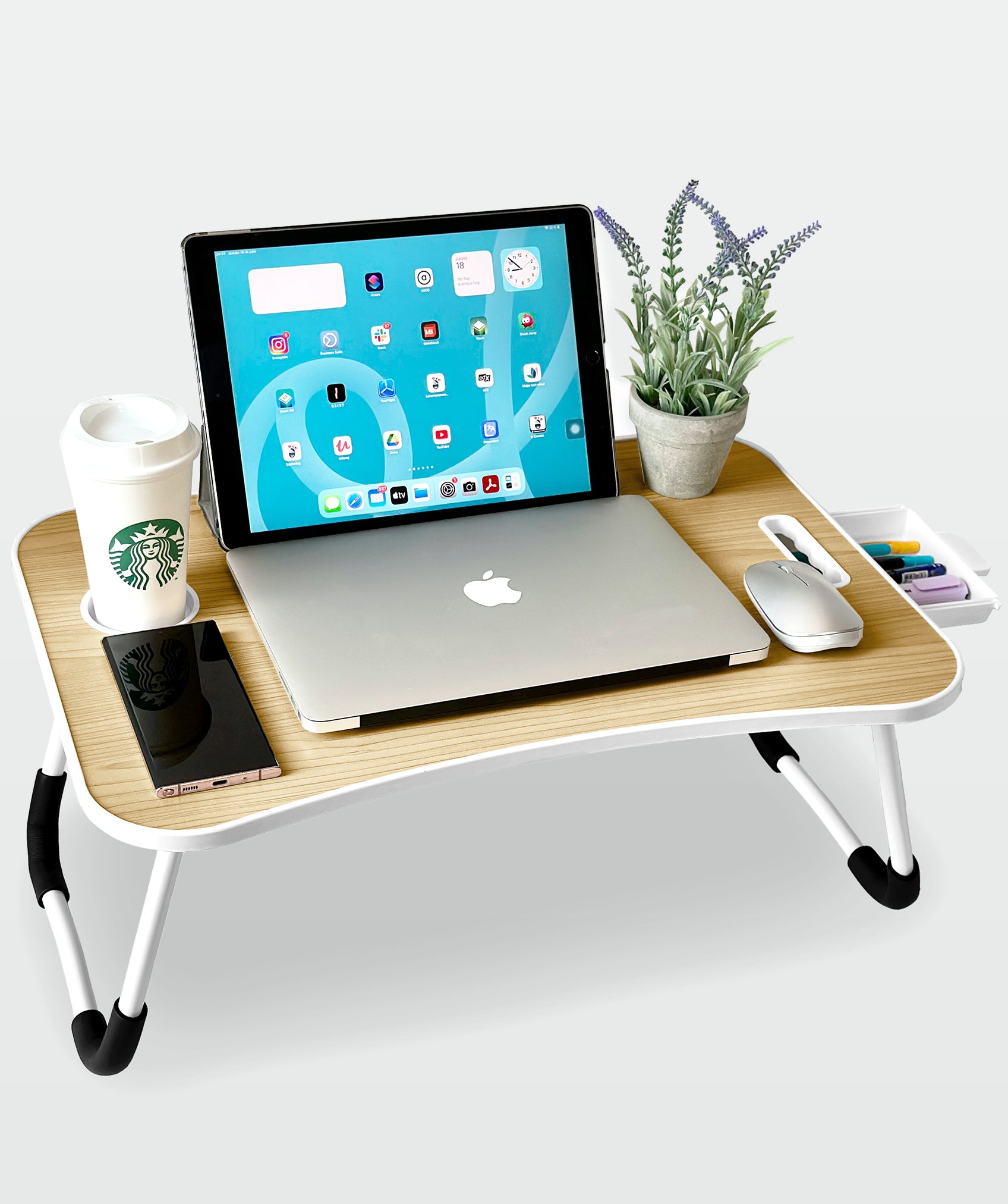 Bandeja plegable multiusos con cajón ergonómico, ideal para portátil y tablet