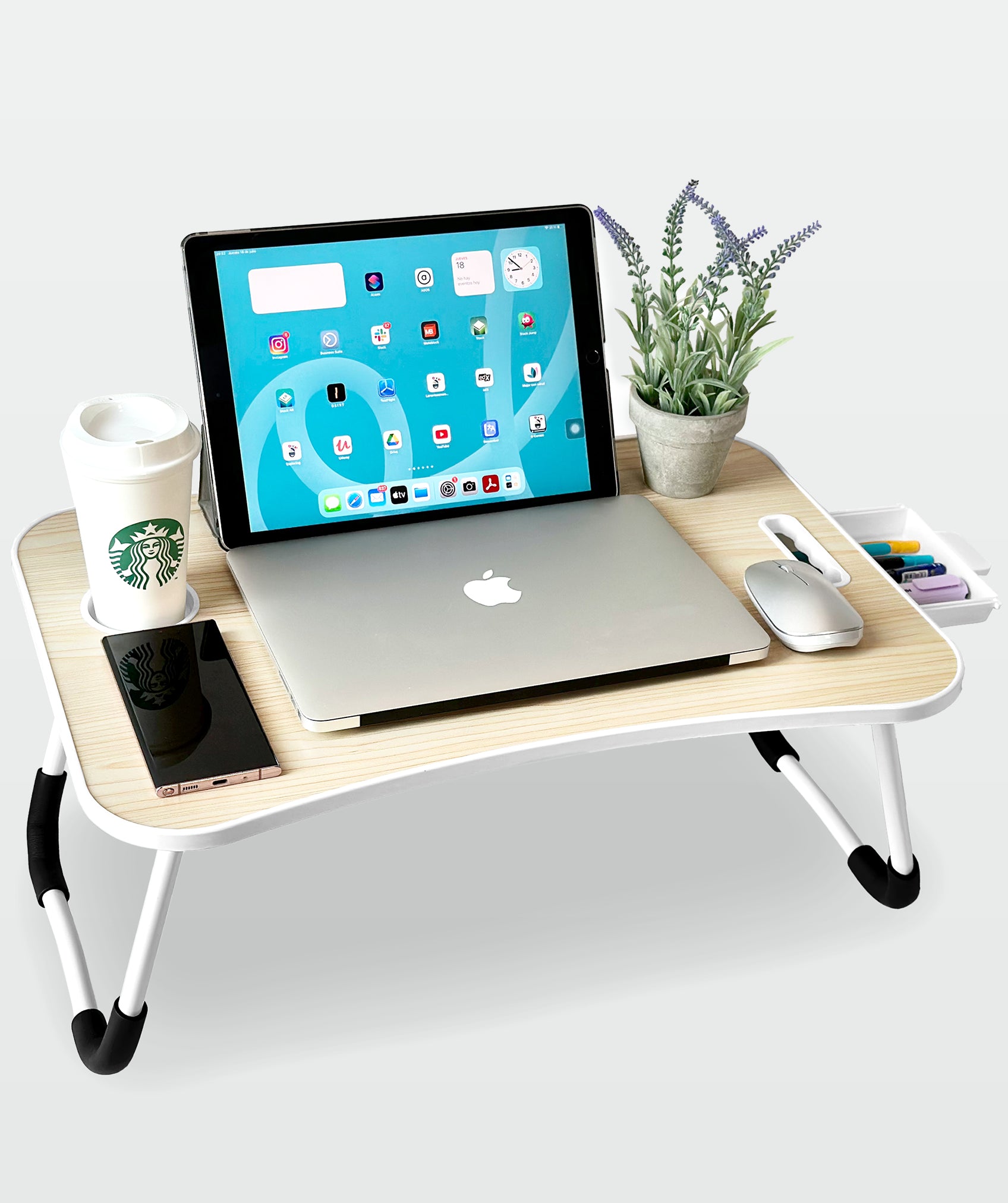 Bandeja plegable multiusos con cajón ergonómico, ideal para portátil y tablet