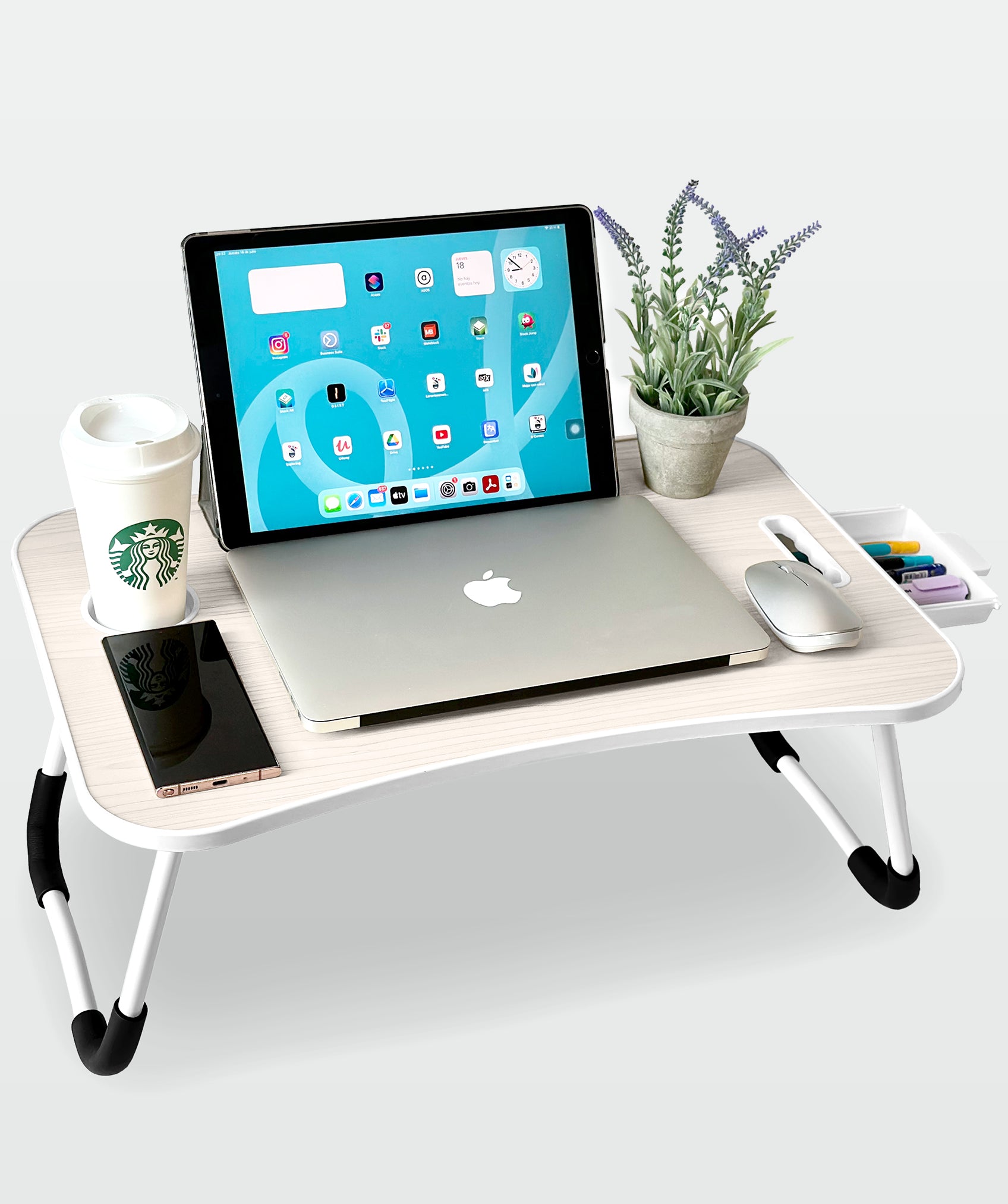 Bandeja plegable multiusos con cajón ergonómico, ideal para portátil y tablet