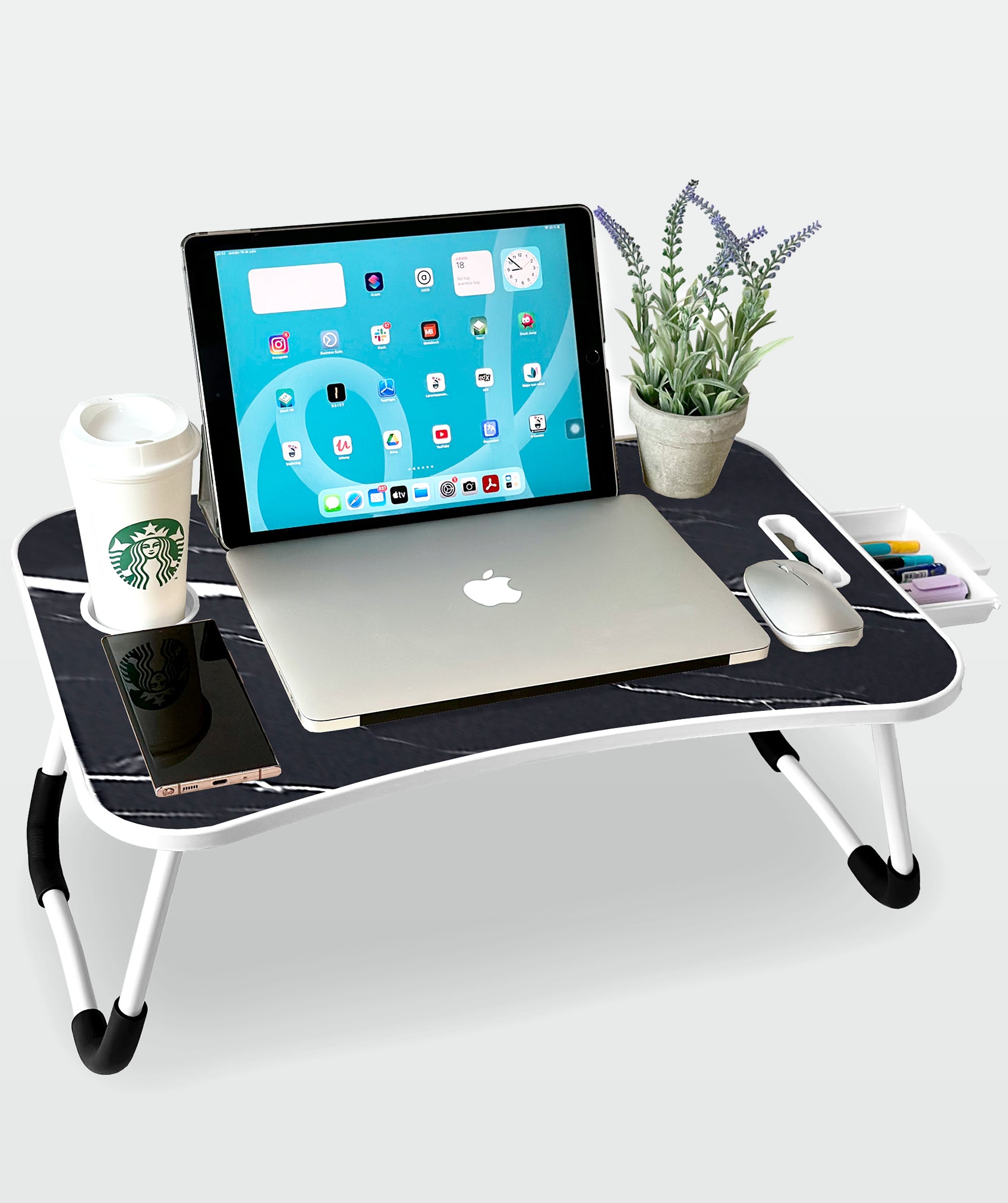 Bandeja plegable multiusos con cajón ergonómico, ideal para portátil y tablet