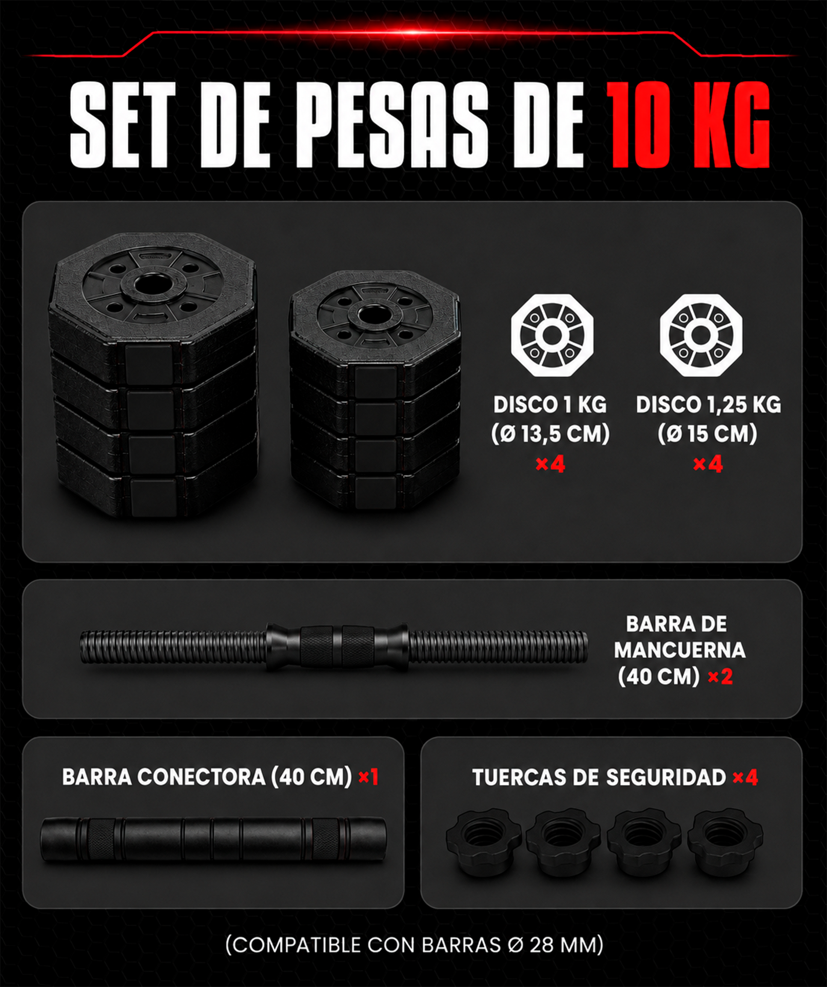 Mancuernas octagonales ajustables - sin Kettlebell