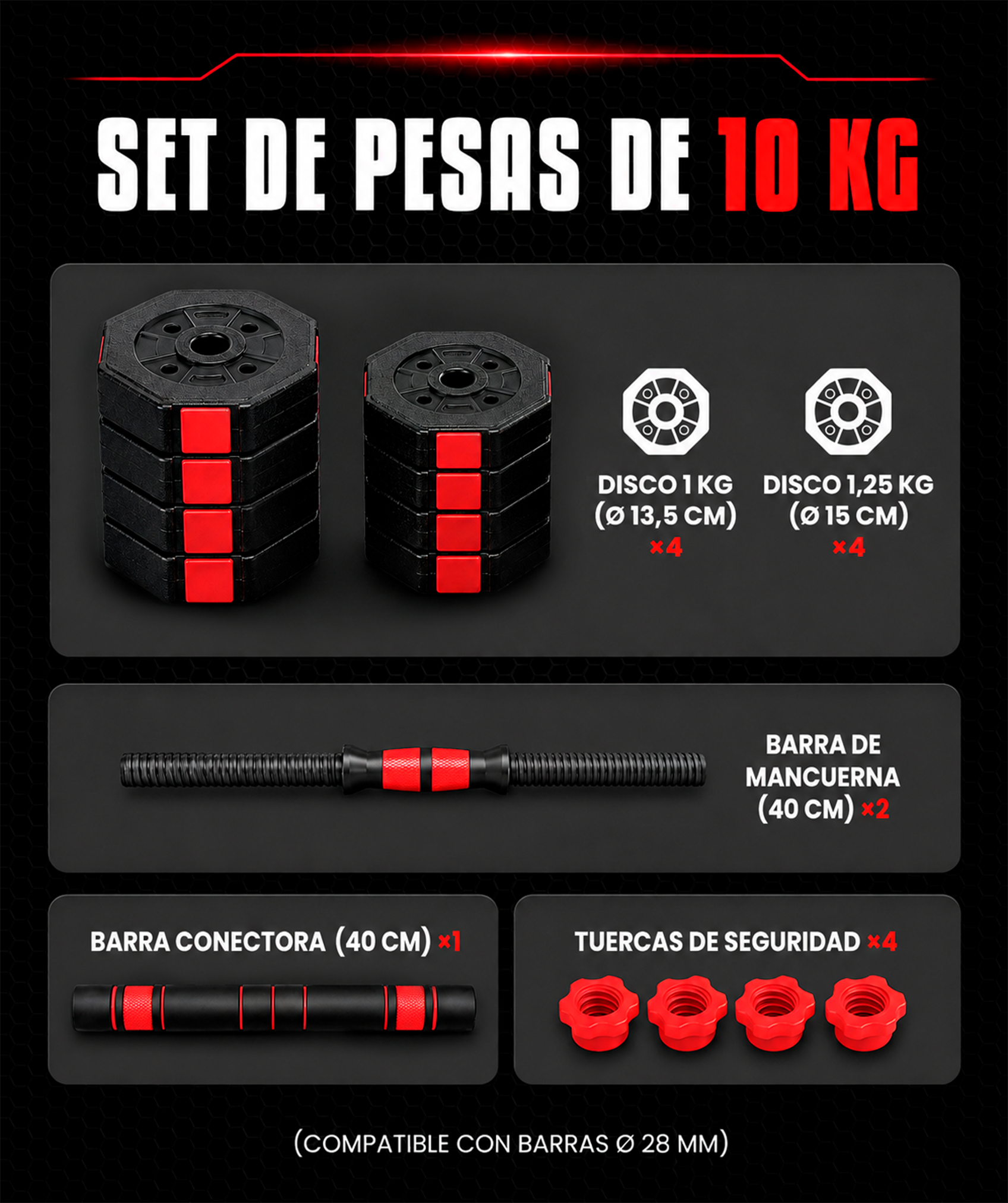 Mancuernas octagonales ajustables - sin Kettlebell