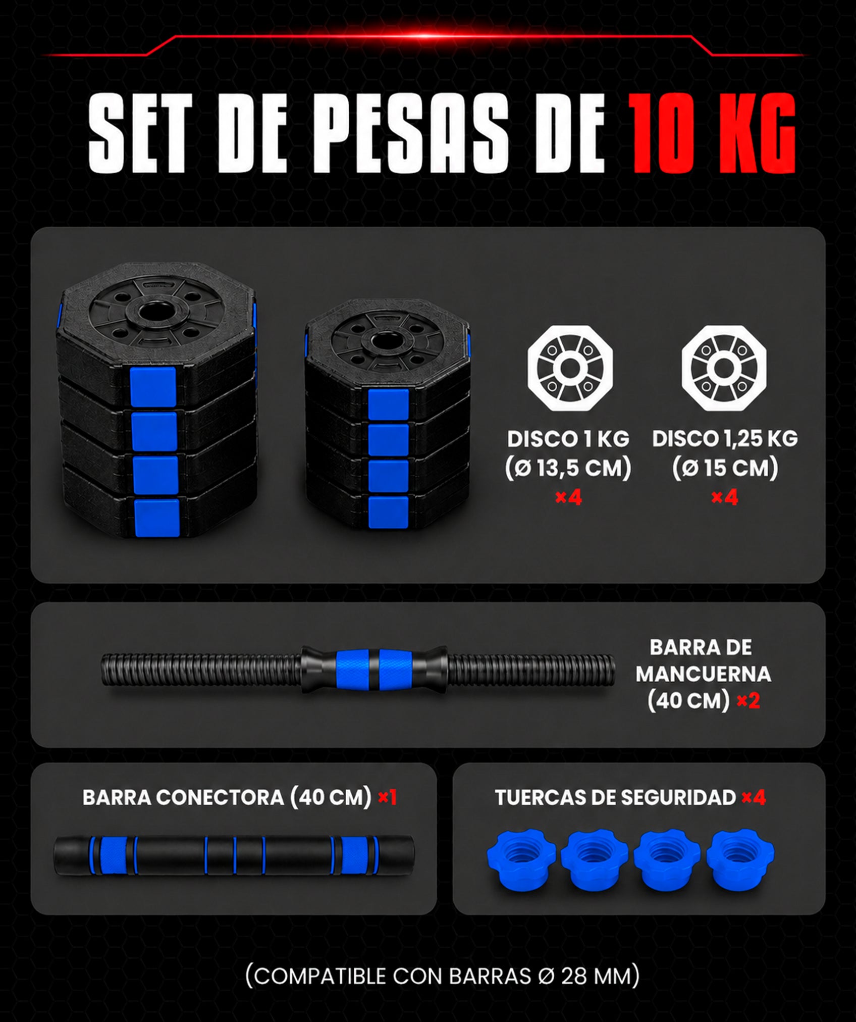 Mancuernas octagonales ajustables - sin Kettlebell