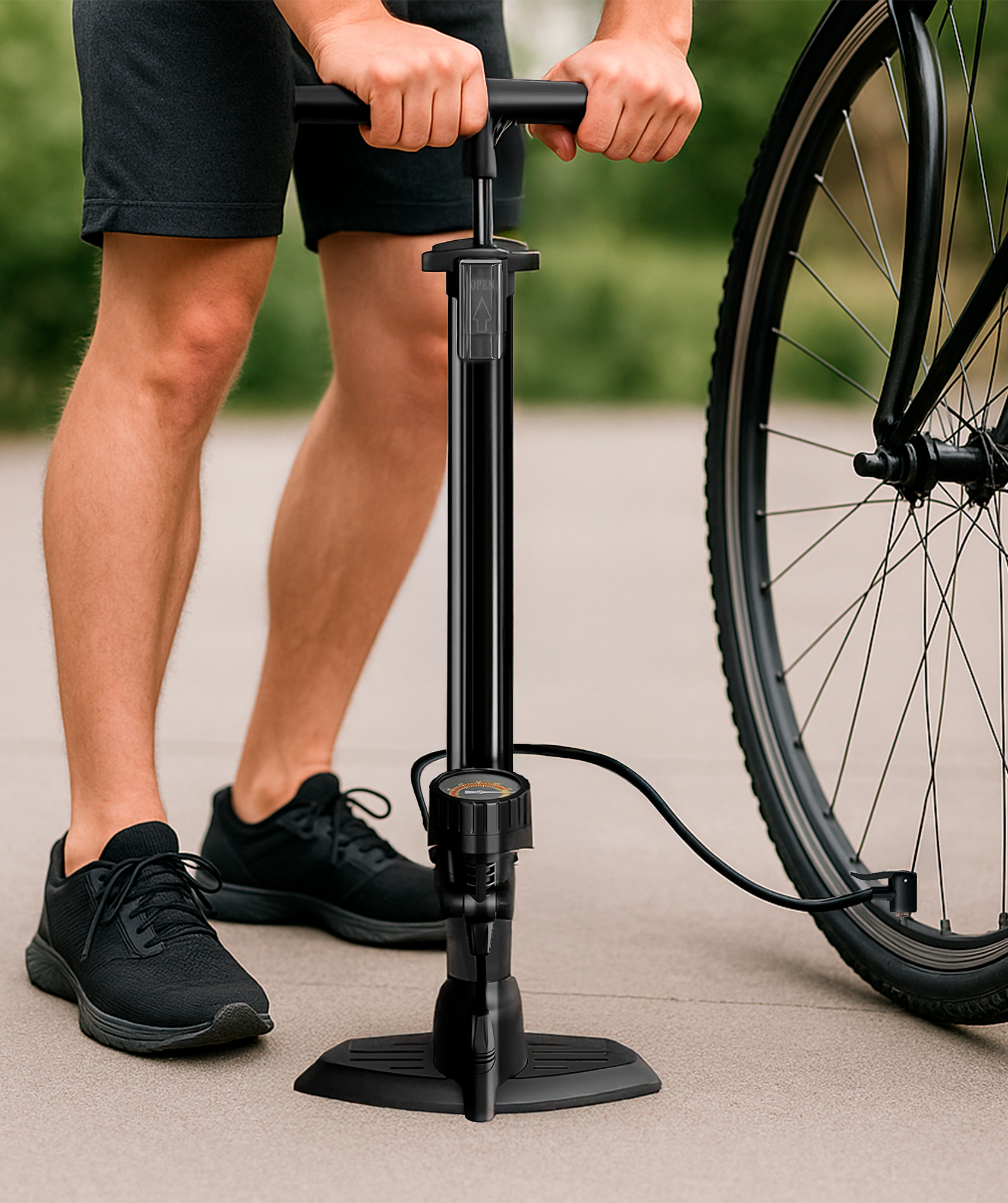 Bomba de aire de pedal multiusos, ligera y compacta: incluye manómetro