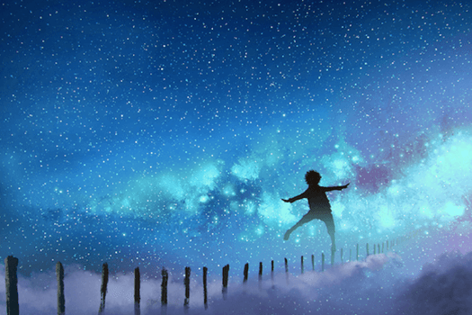 niño caminando por cielo estrellado